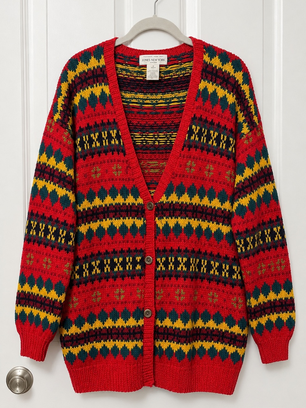 Hand Knit Vintage Holiday Jones New York Cardigan Sweater Red Patterned - Size L